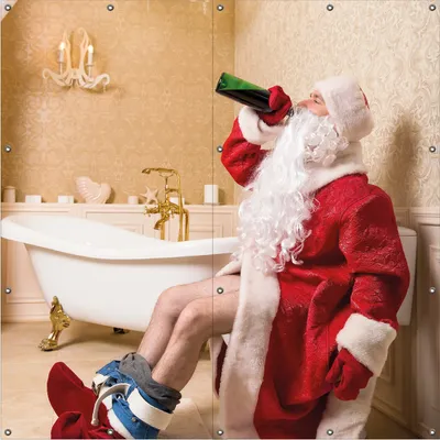 Produktbild von Wallario Outdoor-Poster für Garten oder Balkon, Motiv Betrunkener Weihnachtsmann mit Weinflasche auf dem Klo, in ca. 180 x 180 cm
