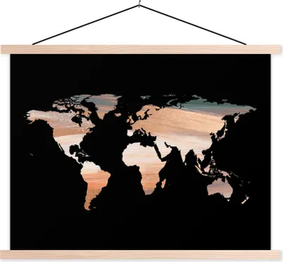 Produktbild von MuchoWow® Textilposter Weltkarte - Farben - Schwarz 120x90 cm mit holzfarbenen Rahmen - Magnetisch