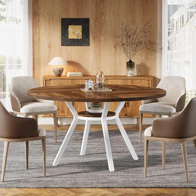 Immagine prodotto di Tavolo rotondo da pranzo per 4 persone, diametro 120 cm, tavolo da cucina con struttura in metallo e spazio contenitivo, colore bianco