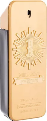 A gold-colored perfume bottle with black accents.