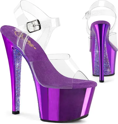 Produktbild von SKY-308CHRS Pleaser Damen High-Heels Plateausandaletten klar lila Chrom AB Strass