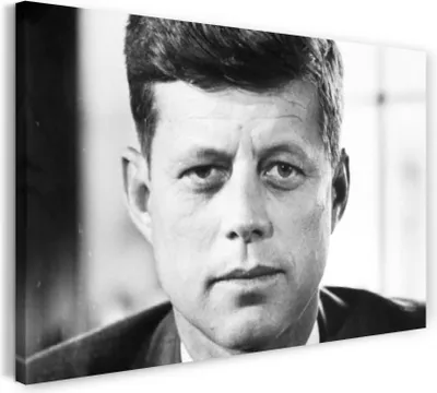 Produktbild von Leinwandbild (120x80cm): John F Kennedy Portrait black white schwarz weiss retro vintage, echter Holz-Keilrahmen inkl. Aufhänger, handgefertigt in Deutschland