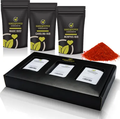 Produktbild von Grill Kick Starter Set Klein von Hanse&Pepper Gewürzkontor - 3 Rubs je 150g Magic Dust Carolina Rub Memphis Rub Geschenk Set