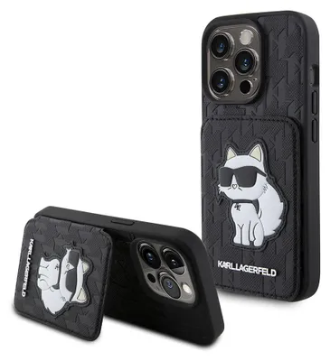 Zdjęcie produktu dla Pokrowiec na iPhone 15 Pro Karl Lagerfeld z doczepianym kotem ze sztucznej skóry, czarny