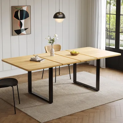 Image de Table à manger extensible rectangulaire 140-220 x 80 cm pour 6 à 10 personnes, table de cuisine aspect chêne avec pieds en métal, table à manger moderne et stable