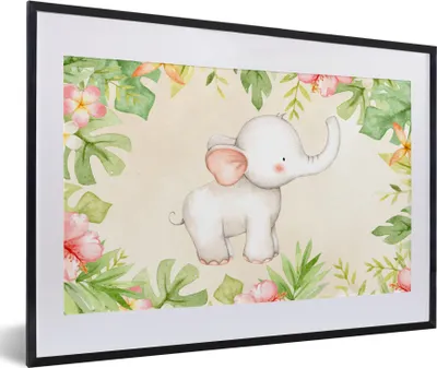 Produktbild von MuchoWow® MuchoWow® Gerahmtes Poster Elefant - Blumen - Pflanzen - Dschungel 60x40 cm - Poster mit zchwarzem Bilderrahmen - Schlafzimmer - Plakat in Rahmen - Drucken