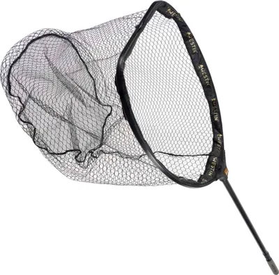 A black fishing net with a handle, isolated on a white background.