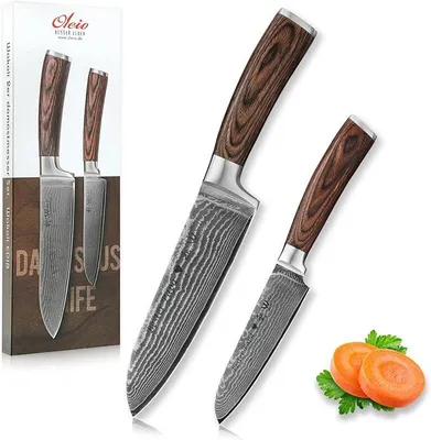 Imagen del producto de Conjunto de cuchillos Damasco Edib, con grabado: Juego de cuchillos personalizado, incluye un cuchillo Santoku grande (17 cm) y uno pequeño (12 cm), acero Damasco de 67 capas (núcleo de VG10), mango de Pakkaholz, caja de regalo