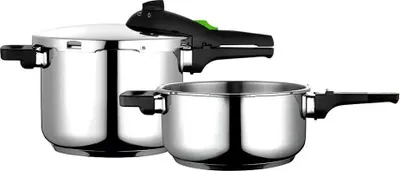 Two stainless steel pressure cookers on a white background.