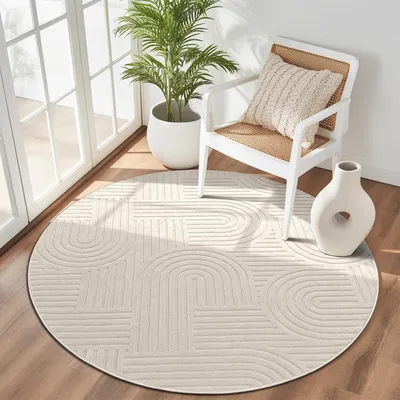 Obrázek produktu pro Kulatý koberec o průměru 120 cm, huňatý, pratelný a s protiskluzovou úpravou, s geometrickým vzorem v béžové barvě