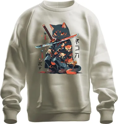 Produktbild von Samurai Katze Katana Kimono Kawaii Neko Japanisch Retro Manga Uni Sweatshirt Pullover, Natur, 3XL