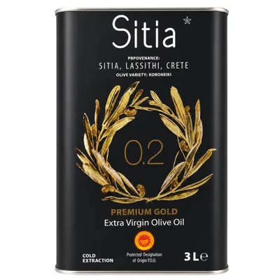 Sitia Premium Gold 0,2 % Olivenöl 3-Liter-Kanister auf weißem Hintergrund