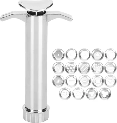 A silver-colored clay extruder tool with multiple interchangeable discs for creating different shapes.