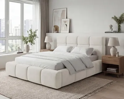 Image de Oslo Lit capitonné 180x200 cm - Design moderne, Lit double 180 x 200 cm - Meuble de chevet, sommier à lattes, lit crème (Komodo 10)