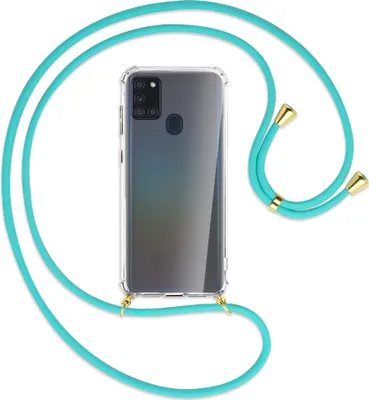Produktbild von Handykette Backcover-Schutzhülle mit Band (Metall goldfarben) für Samsung Galaxy A21s - türkis