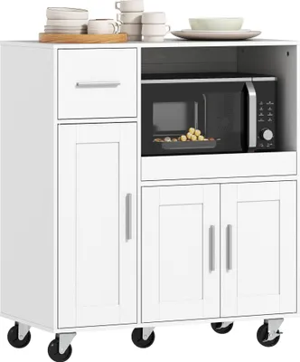 Immagine prodotto di HOMCOM Mobiletto Microonde in Legno con Cassetto, 2 Armadietti, Ripiano Aperto e Piano Regolabile, 80x40x88.7 cm, Bianco