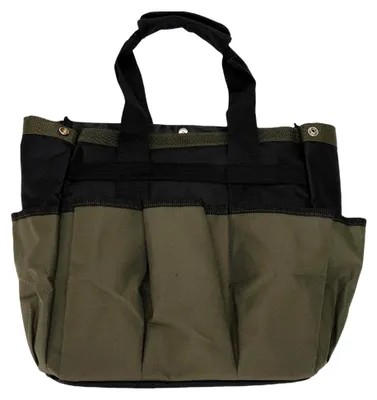 Produktbild von Gartenwerkzeugtasche in Grün aus 600D Oxford-Gewebe, spritzwassergeschützt, mit PE-Plattenboden und mehreren Fächern