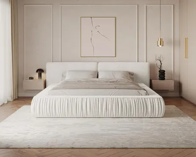Produktbild von MOEBLO Polsterbett Bett 08 – Doppelbett mit gepolstertem Kopfteil, Bettkasten, Metallrahmen und Lattenrost - 180x200 cm - Cream (Riviera 02)