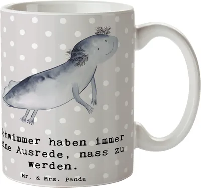 Produktbild von Mr. & Mrs. Panda Becher Schwimmen Ausrede - Grau Pastell - Geschenk, Sportler Geschenke, Henkelbecher, Sportarten, Teetasse, Sportart, Schwimmer, Wasser, Keramiktasse