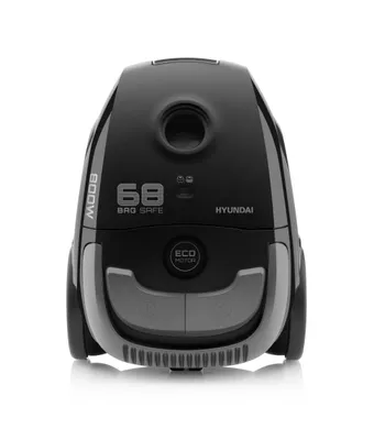 A black and gray Hyundai vacuum cleaner is shown against a white background.