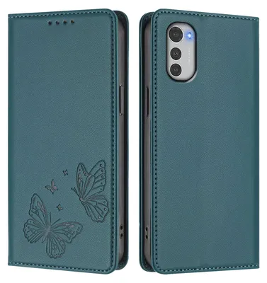 Image de Étui en cuir pour Motorola Moto E32, motif papillon, étui à rabat avec porte-appareil, vert
