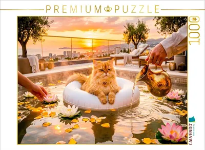 Produktbild von CALVENDO Puzzle Langhaarkatze auf Schwimminsel im Dachterrassenpool bei mediterranem Sonnenuntergang | 1000 Teile Lege-Größe 64 × 48 cm Foto-Puzzle für glückliche Stunden
