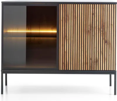 Obrázek produktu pro Moderní úzká komoda s žebrovaným čelem, 104 × 83 × 39 cm, černá / dub Wotan
