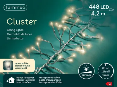 A product image for Lumineo Cluster string lights, showing the lights themselves and marketing information.