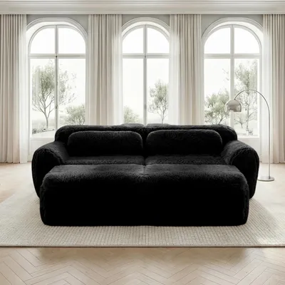 Produktbild von STILVORA Schlafsofa mit 2 Ottomans, Zweisitzer Sofa montagefrei und bequem für Wohnzimmer, Cloud Sofa aus Flauschplüsch-Stoff für komfortables Sitzen,Weicher Flauschplüsch-Stoff