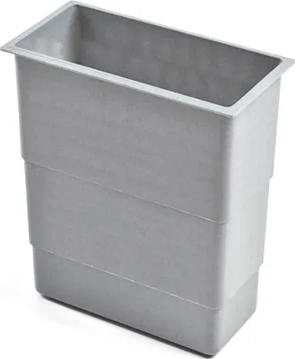 A gray plastic bin with a textured surface and stepped sides, shown from a three-quarter angle against a white background.