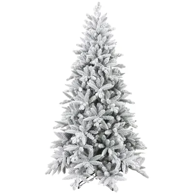 A full shot of a flocked artificial Christmas tree.
