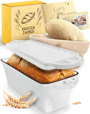 Produktbild von KRUSTENZAUBER Emaille Brotbackfrom mit Deckel inkl. Gärkorb - Robuste 28cm Backform aus Gusseisen - Ideal als Kastenform, Toastbrot Backform, Brotform