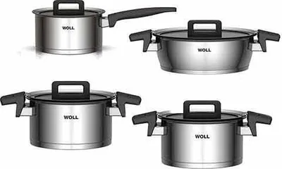 Four stainless steel pots with lids and handles are arranged in a grid on a white background.