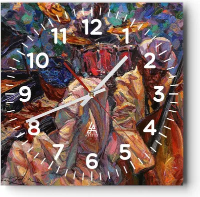 Produktbild von Wanduhr - Quadrat - Glasuhr - Jazz Musik Band - 30x30cm - Schleichendes Uhrwerk - Lautlos - zum Aufhängen bereit - Dekoration Modern - Wanddekoration aus Glas - C4AC30x30-3481