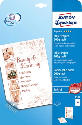 Produktbild von Avery Zweckform 2581 Superior Inkjet Papier, DIN A4, beidseitig beschichtet - matt, 200 g/m², 25 Blatt