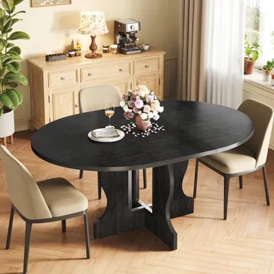Image de Table ronde extensible, de 110 à 150 cm, de forme ovale, pour 4 à 8 personnes, avec structure métallique et plateau en bois noir