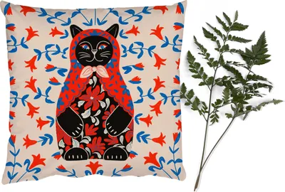 Produktbild von MuchoWow® Zierkissen Sofakissen Wohnzimmer Dekokissen 45x45 cm Matrjoschka - Blumen - Katze - Schlafpolster - Polster für das Sofa