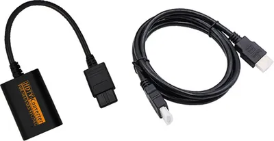 A black HDMI converter box and a black HDMI cable are shown on a white background.