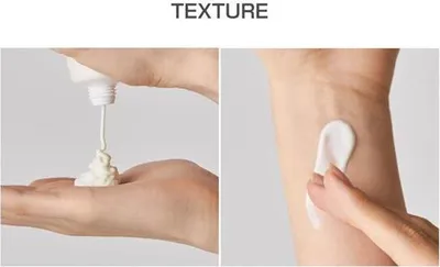A collage showing the texture of a cream being dispensed from a tube onto a hand and then applied to skin.