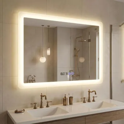 Produktbild von Badspiegel mit Beleuchtung 80x60cm LED Spiegel mit Uhr | Wandspiegel beschlagfrei,Touch-Schalter, 3 Lichtfarben dimmbar, Speicherfunktion, horizontal, KI-generiertes Bild