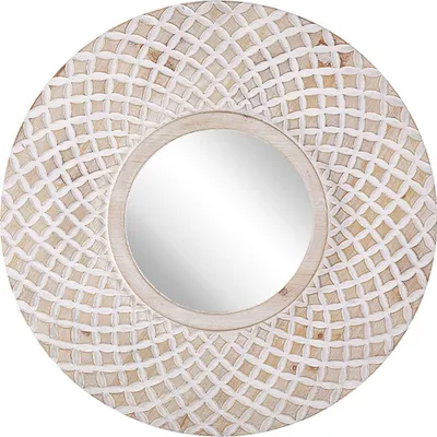 Obrázok produktu pre BELIANI Nástenné zrkadlo svetlé drevo biela jedľové drevo sklo MDF 60 cm okrúhly tvar ozdobný rám moderný boho štýl obývačka spálňa