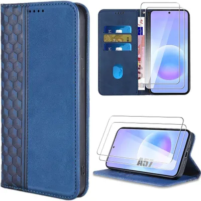 Image de Coque + 2 Verres Trempés pour Samsung Galaxy A57 5G, Protection Effet Cuir Motif Mosaïque Bleu Marine