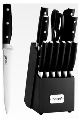 Produktbild von 14-teiliges Messerblock Set, Profi Messerset mit Holzblock, Edelstahl Küchenmesser Set, Messerblock mit Schere/Steakmessern/Messerschärfer (Schwarz)