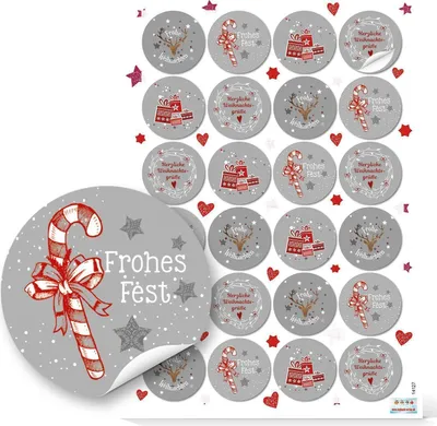 Produktbild von Logbuch-Verlag 24 Weihnachtsaufkleber rund rot weiß grau Geschenk-Aufkleber Verpackung Weihnachtsgeschenk Sticker Etiketten 4 cm Weihnachtsverpackung24 Aufkleber / 1 Bogen