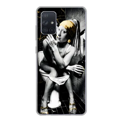 Produktbild von MuchoWow® Handyhülle Schutzhülle Hülle für Samsung Galaxy A51 Marmoroptik - Mädchen mit Perlenohrring - Zigaretten - Toilette - Gold - Kunst - Alte Meister Silikon Softcase Handy Hülle - Schutzabdeckung