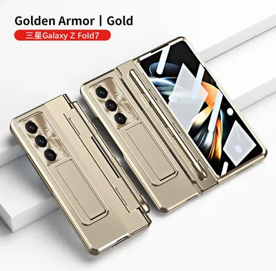 Immagine prodotto di Custodia per Samsung Galaxy Z Fold 7 con protezione dello schermo, portapenna e protezione dell'obiettivo, custodia galvanizzata con supporto Oro