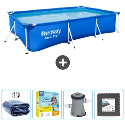 Obrázek produktu pro Obdélníkový bazén Bestway Steel Pro - 300 x 201 x 66 cm - modrý - včetně markýzy - balíček na údržbu - čerpadlo - dlažba