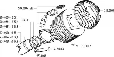 Immagine prodotto di Set di pistoni Polini a doppia aspirazione 130cc 57mm per Vespa 125 ETS, PK, Primavera 2T, Primavera ET3 2T, XL