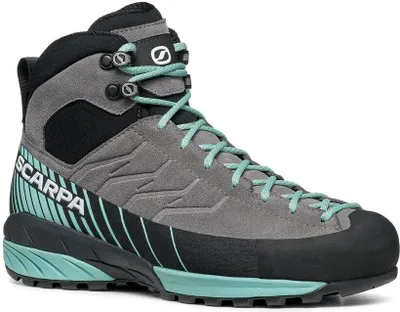 Mescalito Mid GTX Wmn Approach Schuhe von Scarpa in Grau mit türkisfarbenen Akzenten und robuster Sohle.