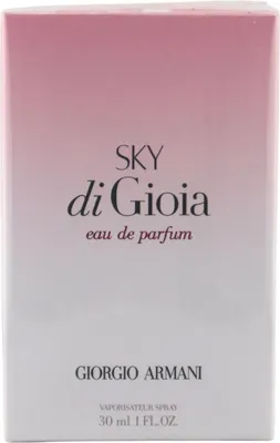 Verpackung von Giorgio Armani Sky di Gioia Eau de Parfum, 30 ml, mit zartem Farbverlauf von Rosa zu Weiß und eleganter schwarzer Typografie.
